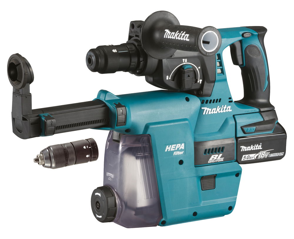 Makita DHR243RTJW akkumulátoros SDS-plus fúró-vésőkalapács (2 x 5.0 Ah Li-ion akkuval, MAKPAC kofferben) + cseretokmány + DX07 porelszívó egység termék fő termékképe