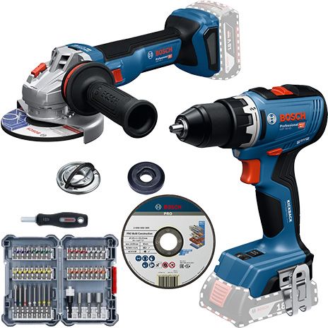 Bosch GSR 18V-65 akkus fúró-csavarozó + GWS 18V-11 akkus sarokcsiszoló + vágótárcsa + bitek termék fő termékképe
